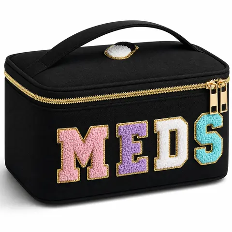 Women's Large Black Chenille Cosmetic Bag - Zipper Lock, Durable, High-Capacity, Soft & Comfortable Feel, Vibrant Meds Lettering, Portable Pill Holder, Travel Beauty Bag, Specialty Kitchen Toiletries Organizer