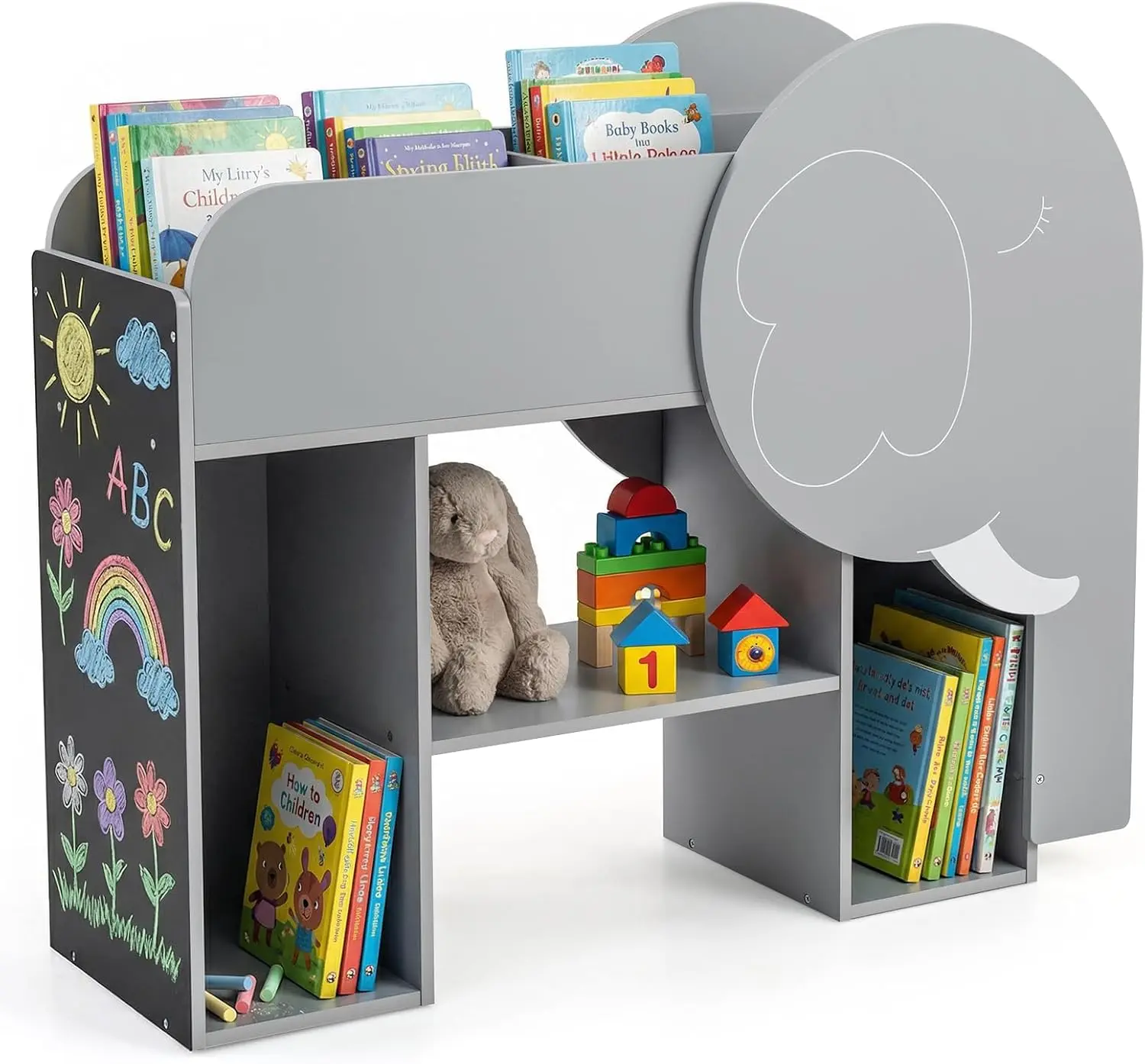 Costzon Elephant Kids Bookshelf, 3-Tier Toddler Toy Storage Organizer w/Chalkboard, 5 Cubbies and 3-Row Abacus Toy, Montessori Bookshelf for Kids Room, Nursery, Classroom, Playroom