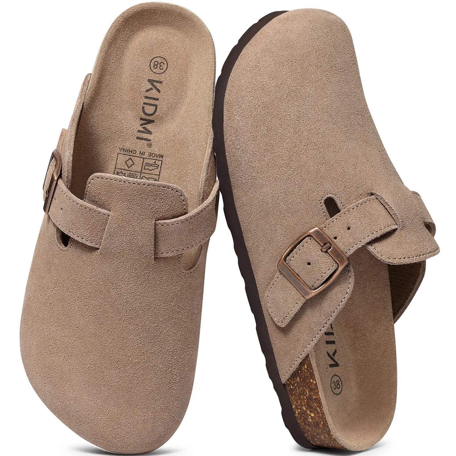 KIDMI Genuine Suede Clogs for Women Men Soft Cork Footbed Leather Mules Comfort Potato Shoes with Arch Support Outdoor Nonslip Walking Shoes