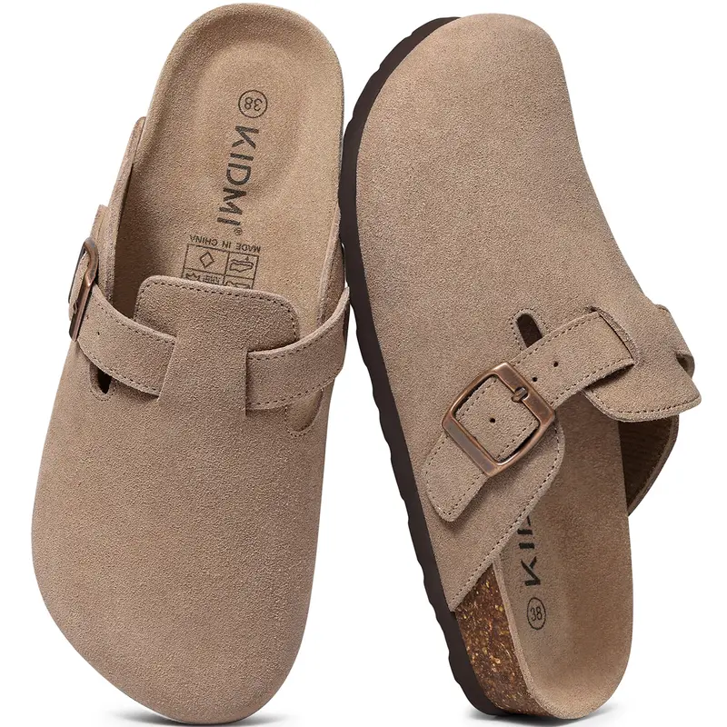 KIDMI Genuine Suede Clogs for Women Men Cork Footbed Mules Potato Shoes Arch Support, Comfortable, Leather Round Toe Slip On, Fall, Casual, Indoor Outdoor, Non-slip Rubber Sole, Adjustable Metal Buckle,Walking Shoes