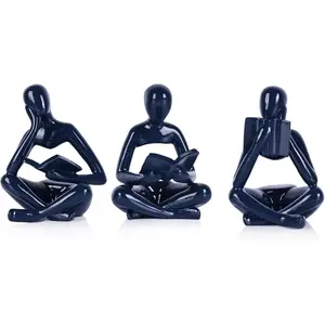 Navy Blue Thinker Statue Set of 3, Glossy Resin Reading Statue Figurines for Coffee Table, Abstract Sculptures Home Decor for Shelf, Desk, TV Console, Modern Blue Room Accents for Living Room Office