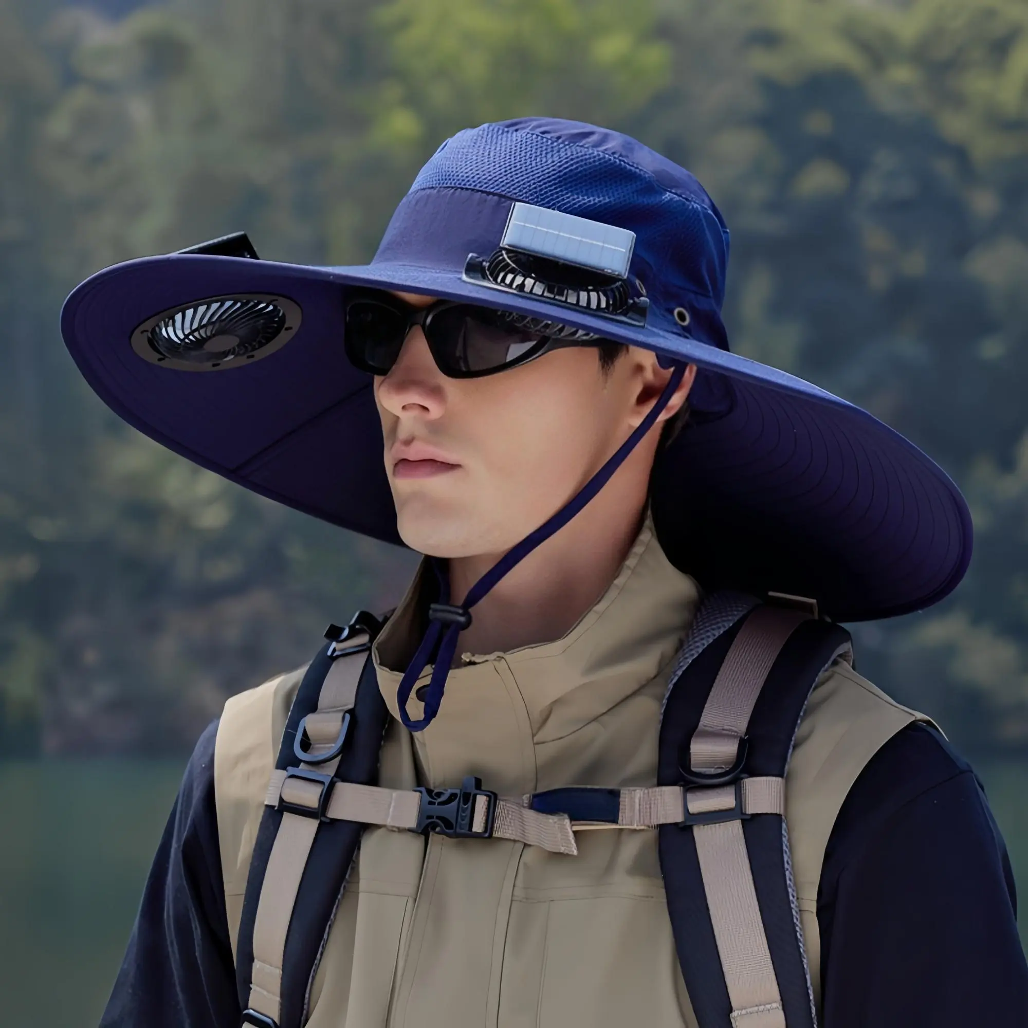 Outdoor Breathable Dual Solar Fan Cap, Large Brim Quick-drying & Waterproof Foldable Nylon Hat for Travel, Live-streaming & Vlog
