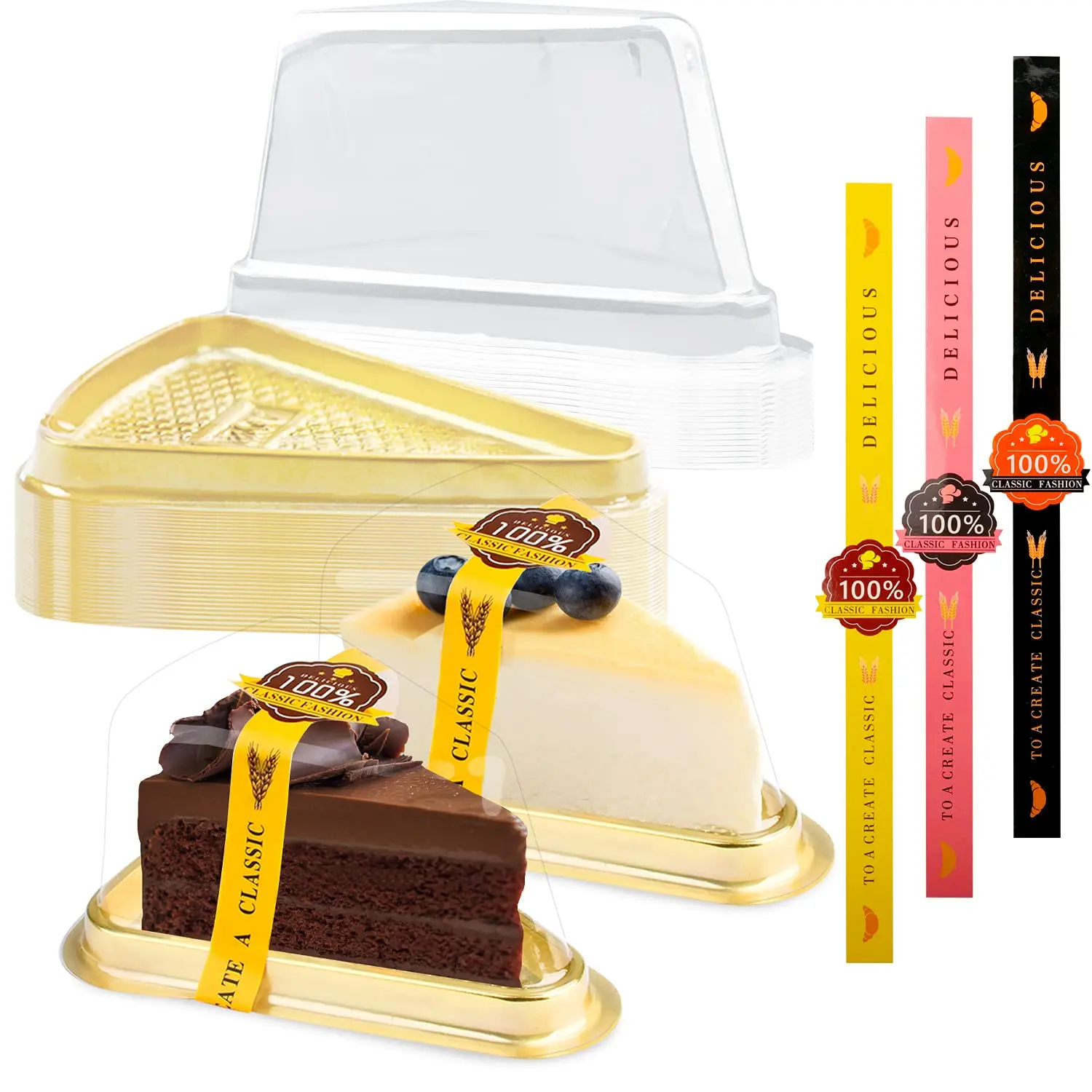 50 Pack Cake Slice Containers, Clear Plastic Cake Containers Disposable Cheesecake Containers Individual Cake Pie Slice Boxes with Lids for Small Pies Snack Dessert - Bonus 50 Pcs Stickers