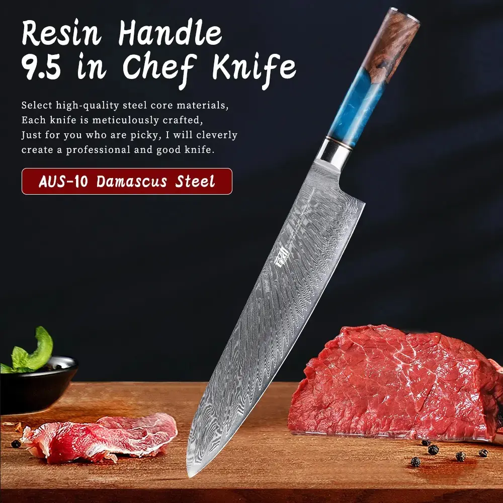 FINDKING 1pc 9.5 inch Chef Knife, Sharp Kitchen Knife, Japanese AUS-10 Stainless Steel, Professional Cutting Knife, Cooking Knife with Non-slip Resin with Burl Handle and Gift Box