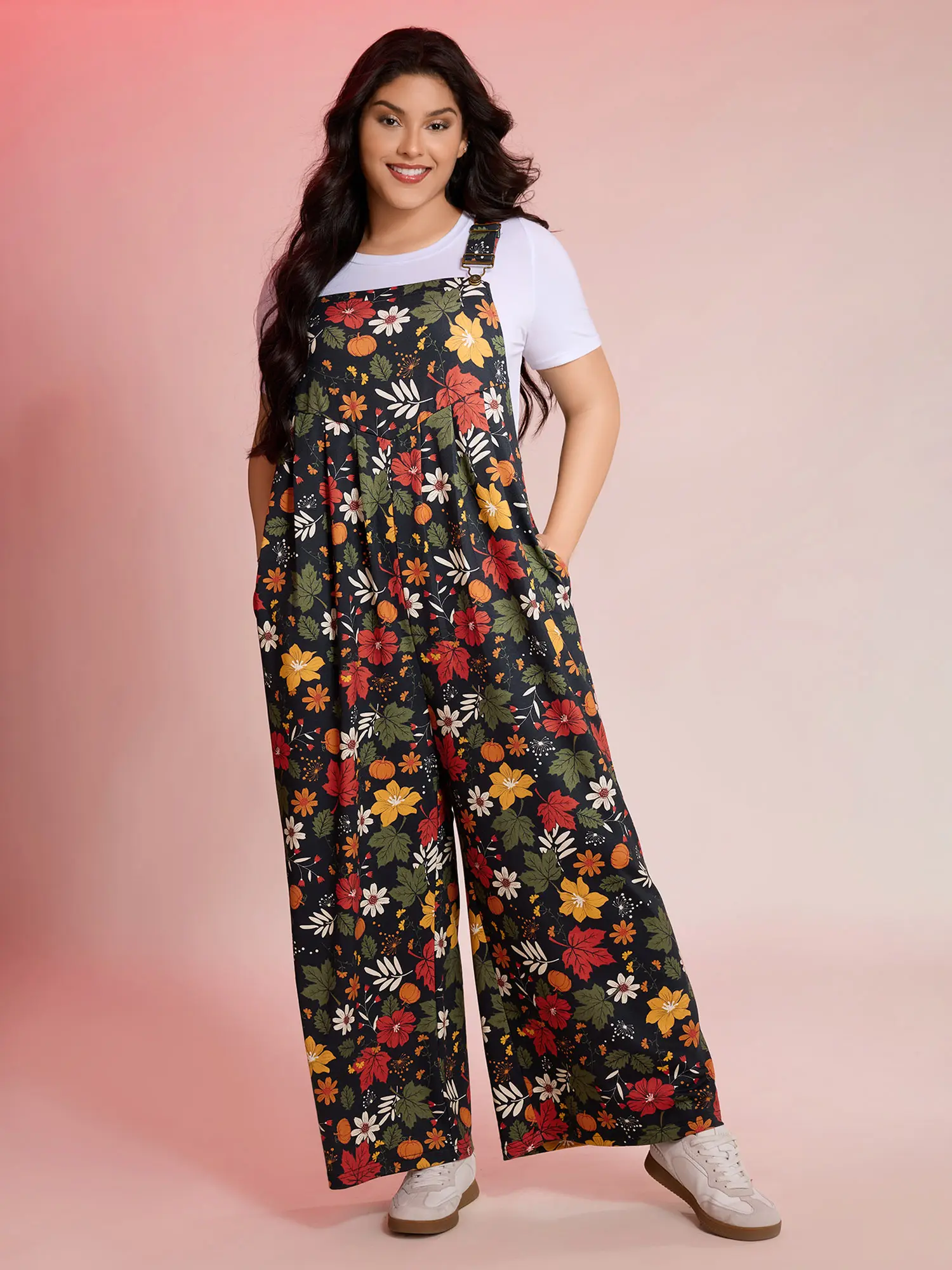 BloomChic Plus Size Tropical Print Jumpsuit, Casual Curvy Sleeveless Maxi with a Square Neck and Pockets, Women's Clothes, Plussize, Overalls, Curvy Clothing, Sleeveless Cut Keeps Arms Free, Maxi Length Creates A Graceful Drape, Jumpsuits For Women, Bloom