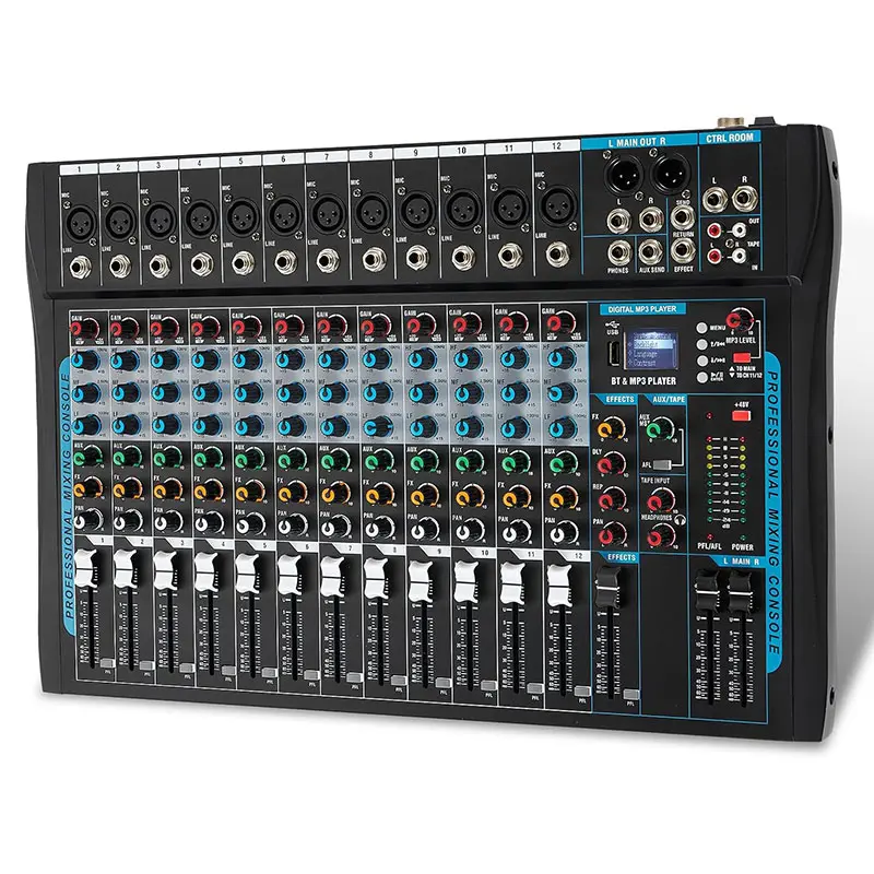 12 Channel Audio Interfacer Sound Board Mixer DJ Mixer 16-Bit DSP Effect USB Audio Mixer +48V Phantom Power Bluetooth Mixer for Karaoke Studio Streaming Recording,Live Streaming
