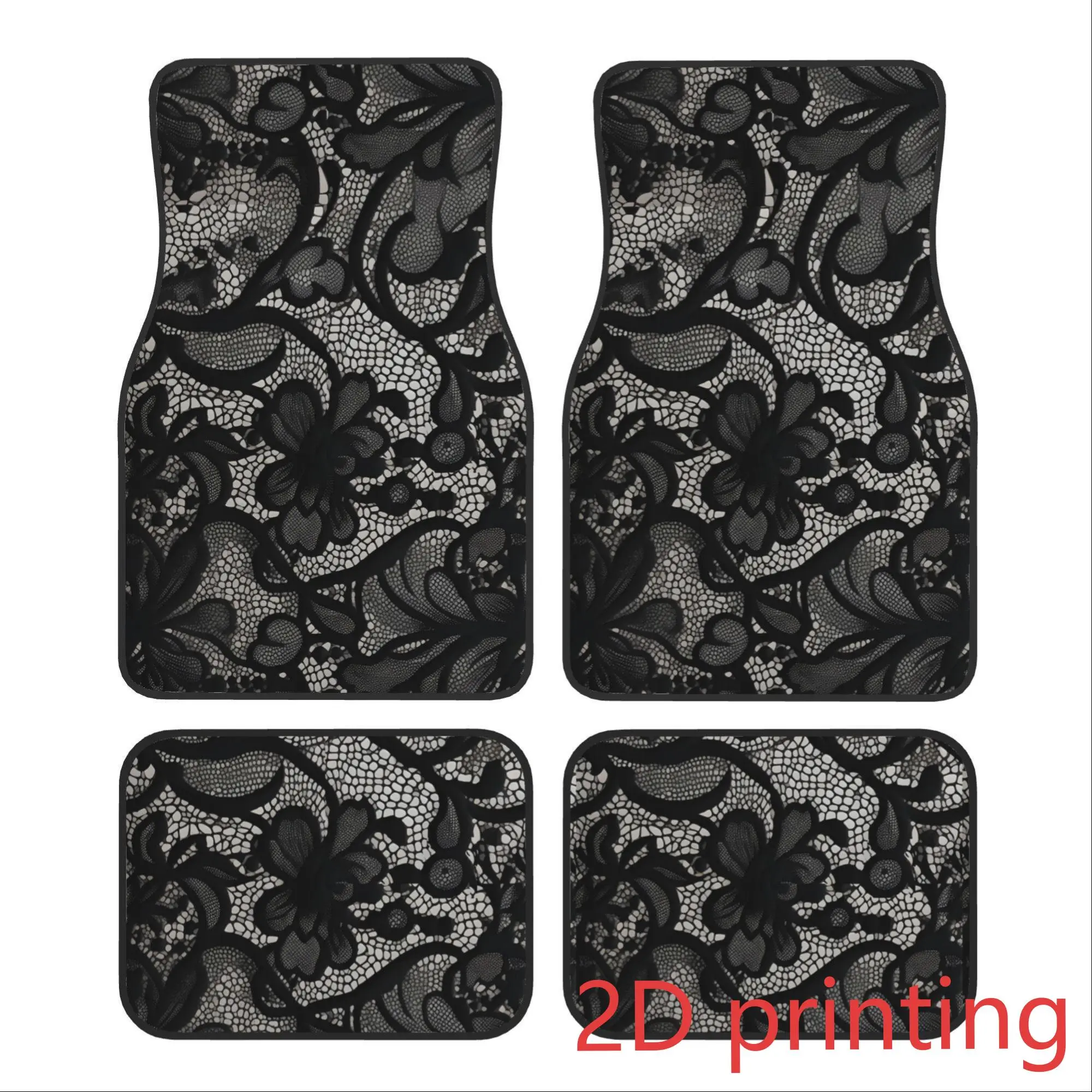 4-piece set of black lace patterned car floor mats | Fashionable, easy to clean, universal fit, suitable for most car models, durable polyester fiber, long-lasting protection, enhanced driving pleasure, perfect gift for friends and family