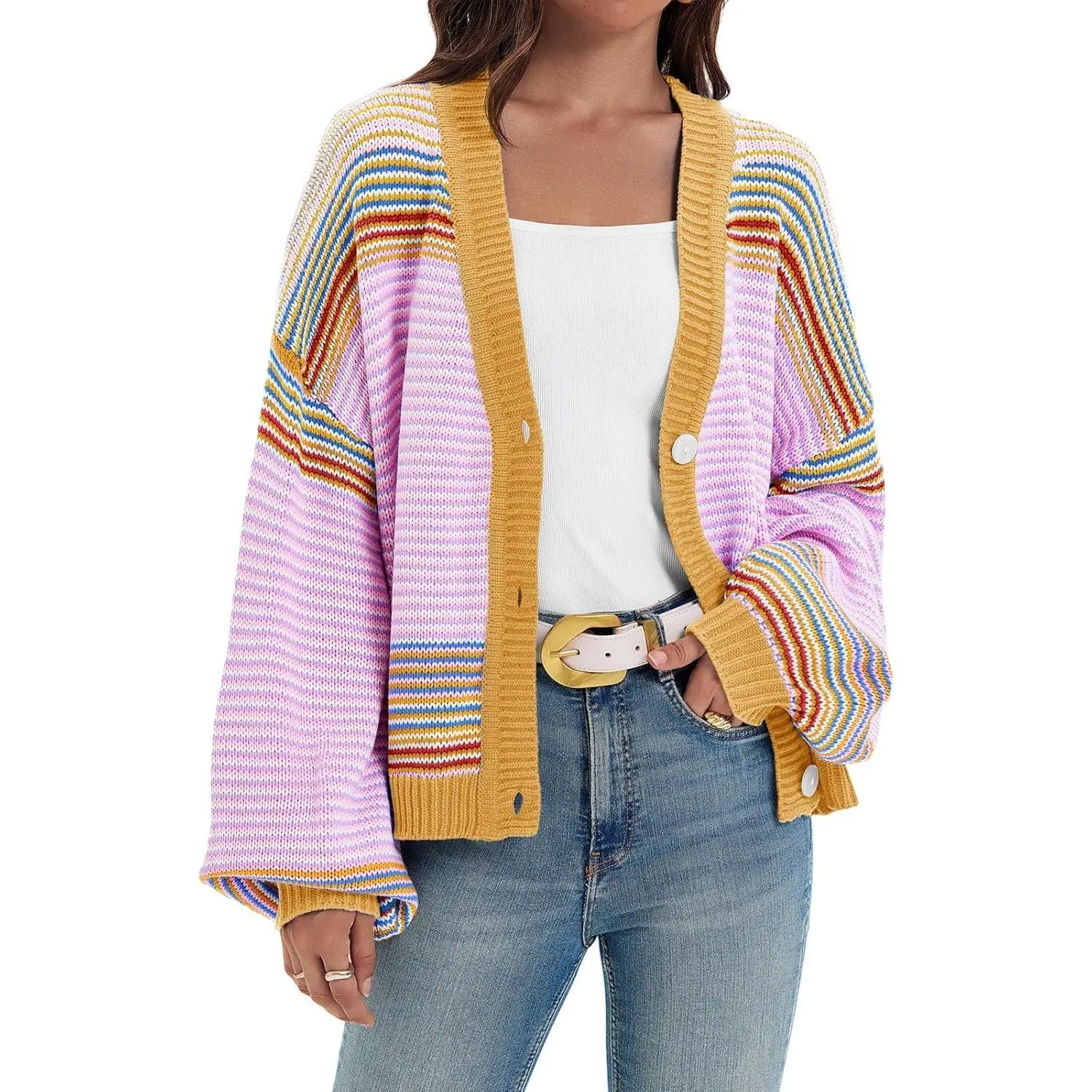 FMEYOA Womens Striped Cardigan Sweaters Oversized Puff Sleeve Button Up V Neck Color Block Knit Sweater Coat