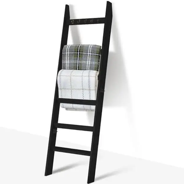 6-Tier Blanket Ladder  Living Room and Bedroom,5.4 Ft Wall Leaning Quilt Rack with Hooks,Rustic Decorative Farmhouse Blanket Storage,Stylish Ladder Holder,Christmas Decorations,Black
