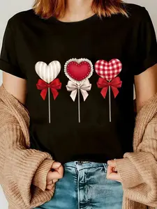 Women's Heart & Bow Print Round Neck Tee, Casual Short Sleeve T-shirt for Summer, Ladies Clothes for Daily Wear