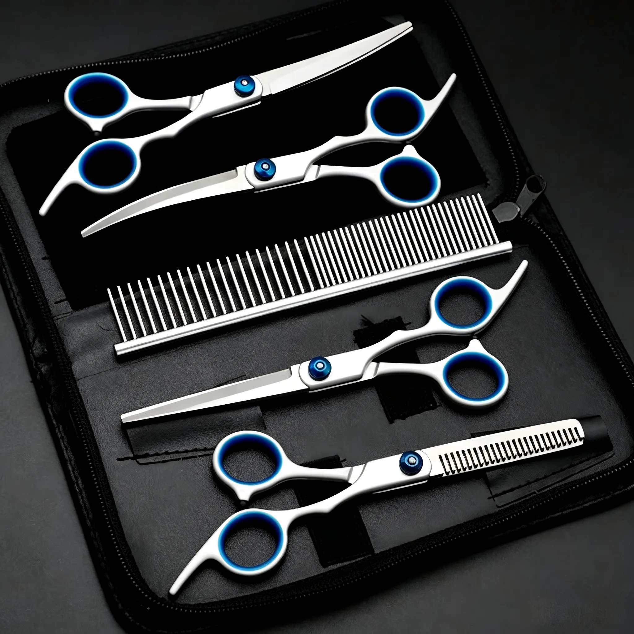 Dog Grooming Kit (5-Piece Grooming Products Set) - Salon-Ready Tools with 6" Ergonomic Non-Slip Handles, Round-Tip Straight Scissors, Thinning/Blending Scissors, Safety Guard Nail Clippers, Precision Trimmers, Stainless Steel Coat Comb for Coat Trimming