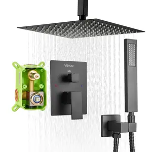 VEVOR Shower Faucet Set, Rainfall Bathroom Shower System with 10-Inch Square Rain Shower Head and Handheld Spray, Ceiling Mount Bath Fixtures with Brass Valve and Trim Kit, Matte Black