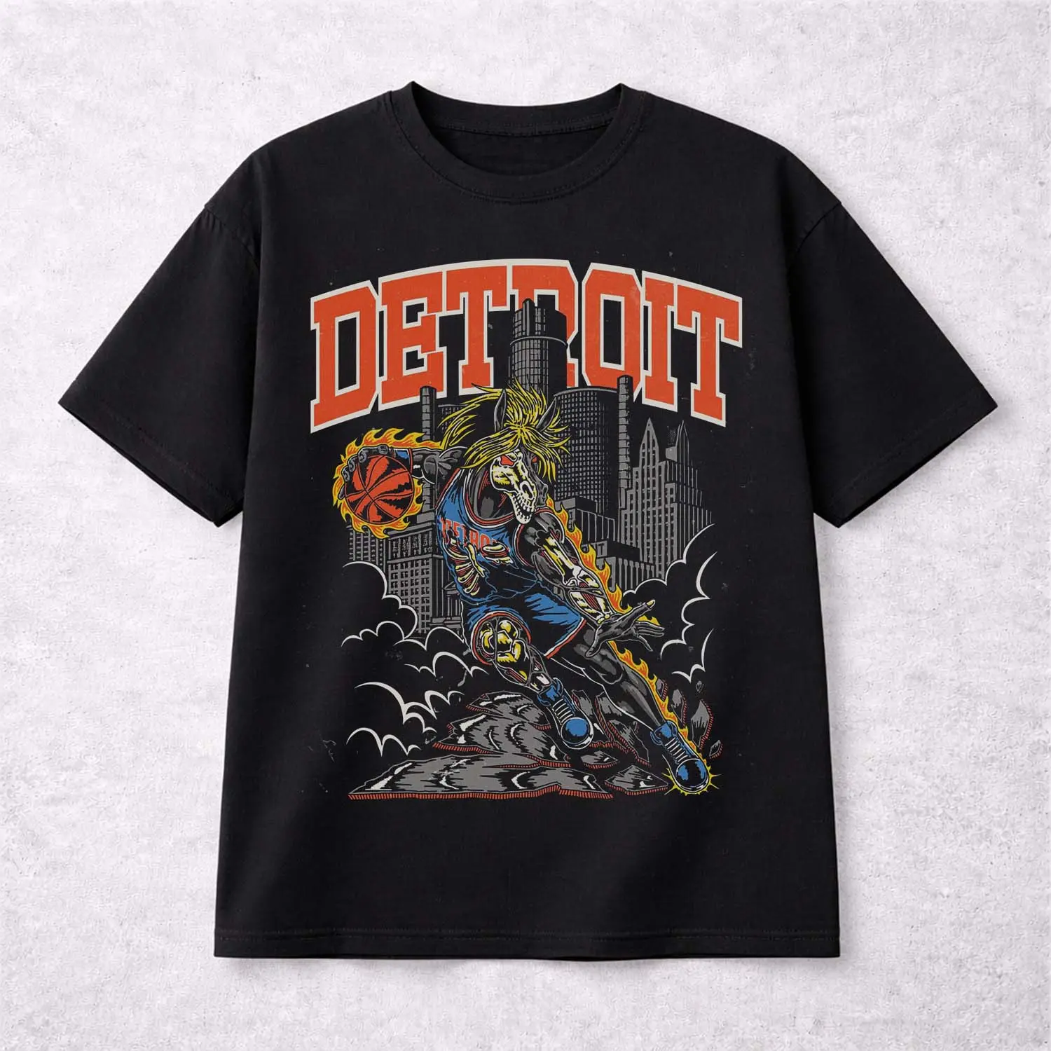 Men's Detroit Basketball Artwork Tee - Vintage-Style Unisex Fitted Round Neck Short-Sleeve Soft Cotton Menswear Top, Vibrant Print Casual Streetwear, All-Seasons Lightweight Machine-Washable Gift