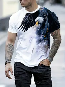Men's Summer Short Sleeve Round Neck Casual Streetwear T-Shirt, Lightweight Polyester Fiber, All over Eagle Print Design