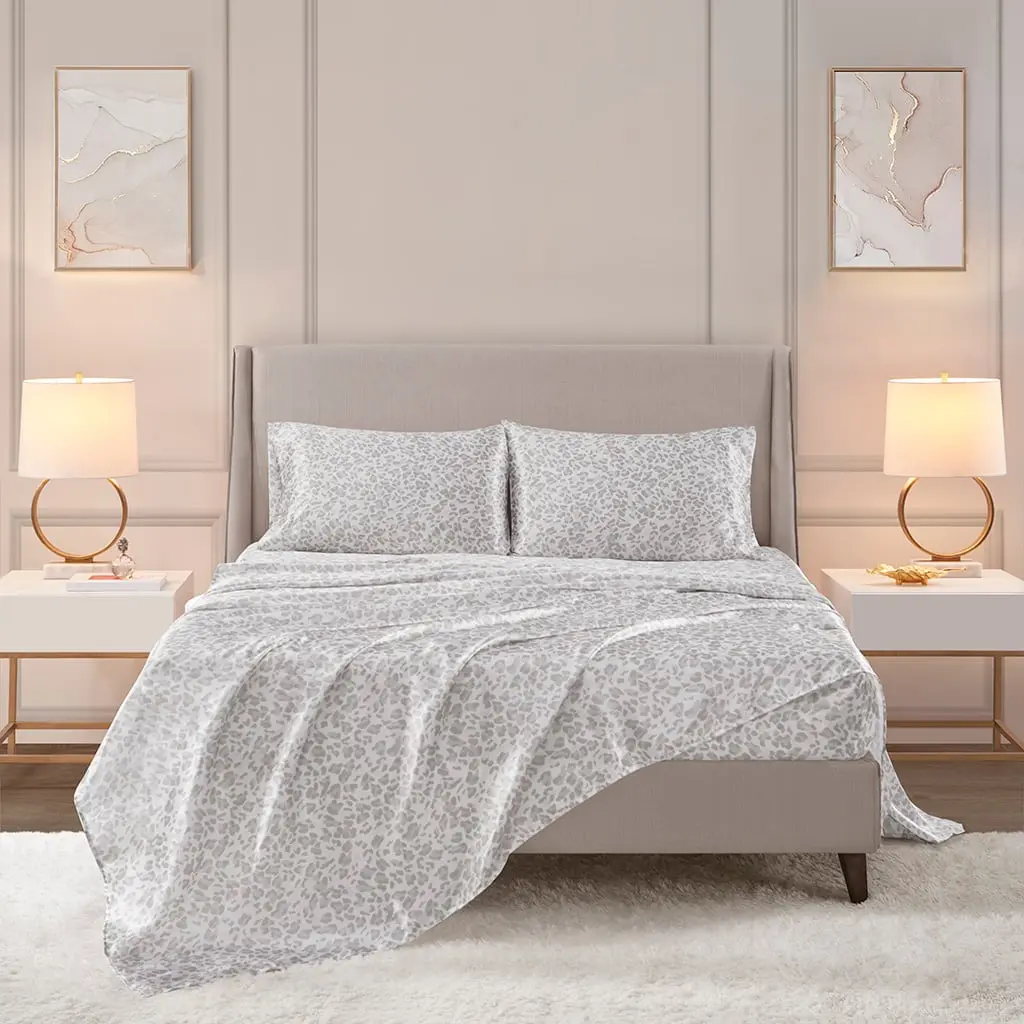 Madison Park Essentials Queen Size Satin Printed Bedsheets Set - MPE20-1001 Glam, Wrinkle Resistant, Machine Wash, Silky Sheets with Luxury Look Gray Leopard Animal Motif, 90x102x0.13in