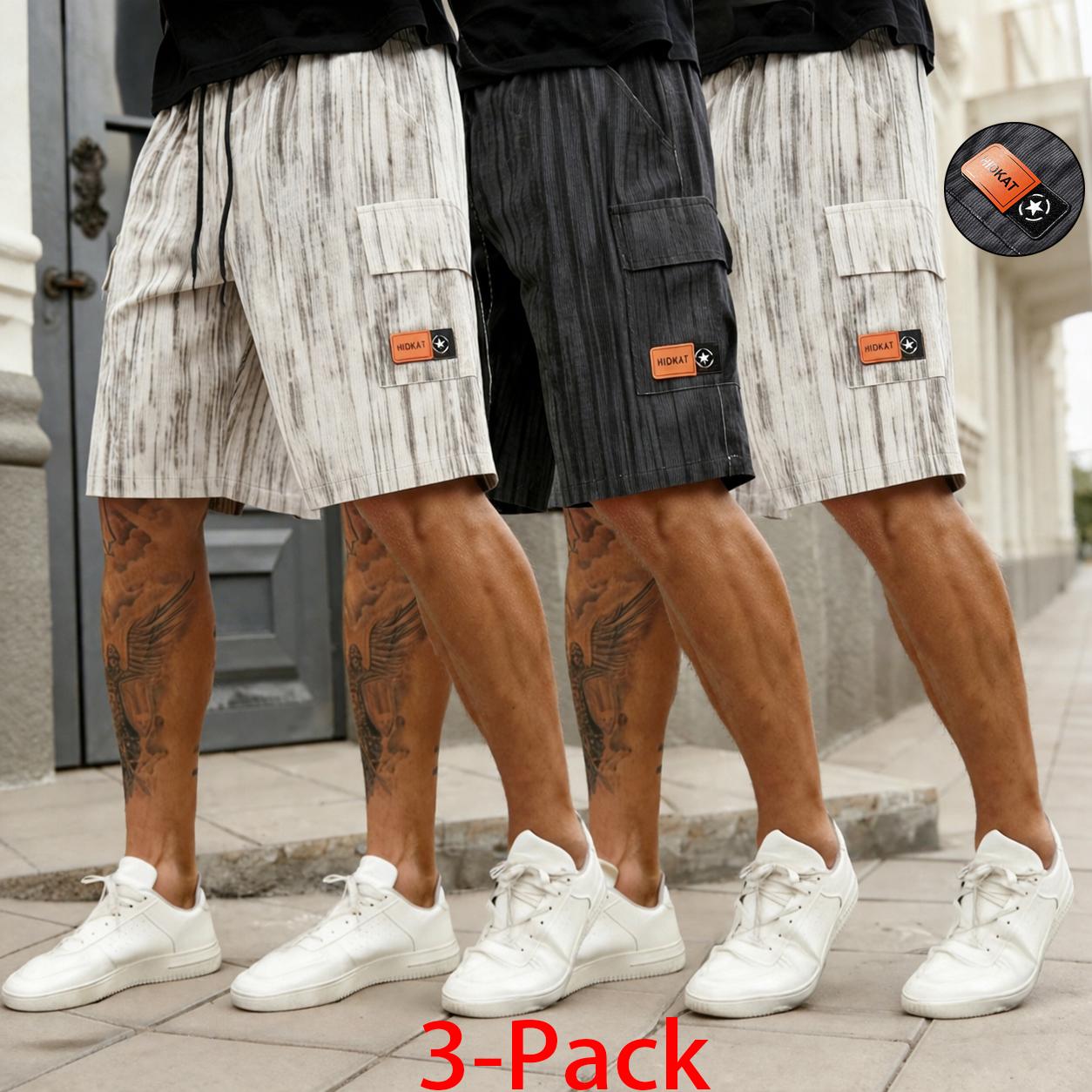 3-pack men’s breathable cargo shorts, Bop Shorts, corduroy striped cargo shorts with drawstring waist and multiple pockets, street-style casual shorts for everyday outdoor wear; suitable for various venues; available in sizes XS–3XL; accommodates all body