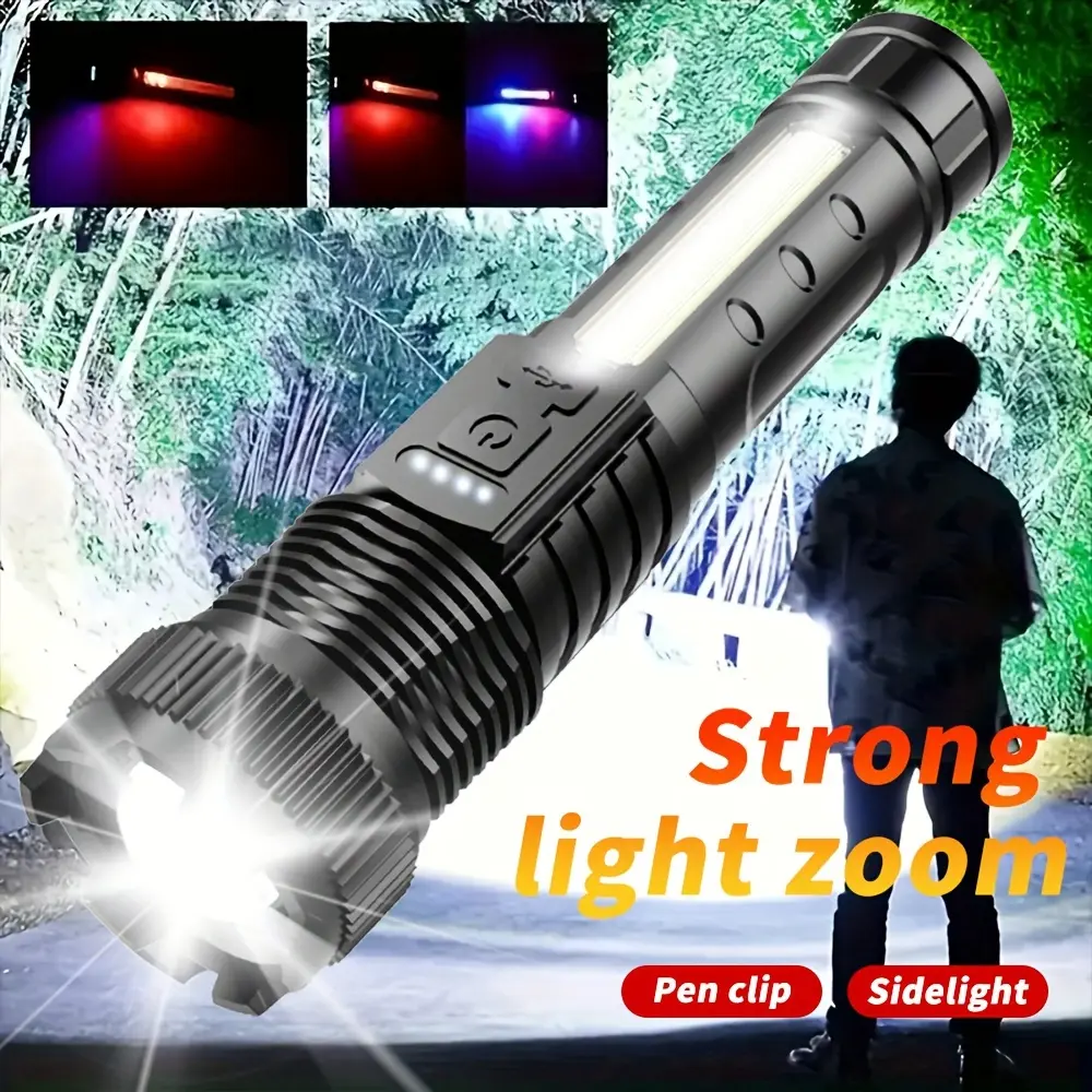Xinqiang LED Flashlight Quick Type-c Charging Outdoor Home Lighting Flashlight with Cob Warning Light with Red and Blue Flashing Sidelight
