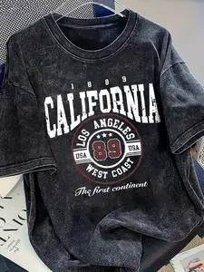260g Heavyweight Vintage Washed California Los Angeles 1989 Graphic T-Shirt, 100% Cotton Breathable & Moisture-Wicking Acid Washed Tee, West Coast Retro Oversized Casual Streetwear Top for Men Women