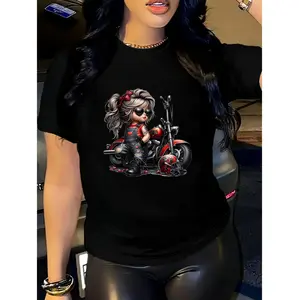 Women’s versatile breathable cotton T-shirt with motorcycle graphic edgy cartoon print heart details durable and stylish for all seasons