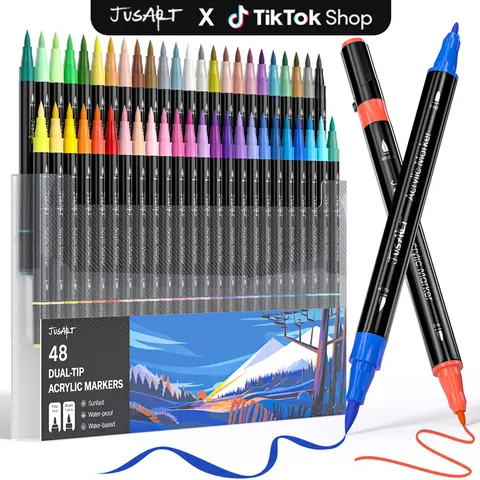 [JusArt] 48/24-Color Double-Tipped Acrylic Pen Set, Brush & Fine Cotton Nibs, Bold & Easy Coloring Tool, Premium Colorful Art Supplies for Multiple Surfaces, Ideal for Art for Kids
