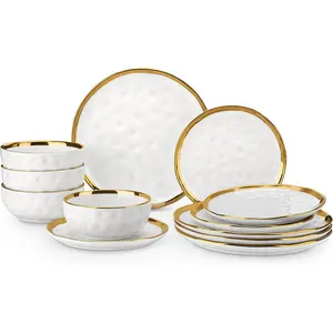 12 count Plates and Bowls Sets, Porcelain White and  Dinnerware Sets, Round Dinner Plates Dishes Set Service for 4, Dishwasher Safe and Scratch Resistant, White