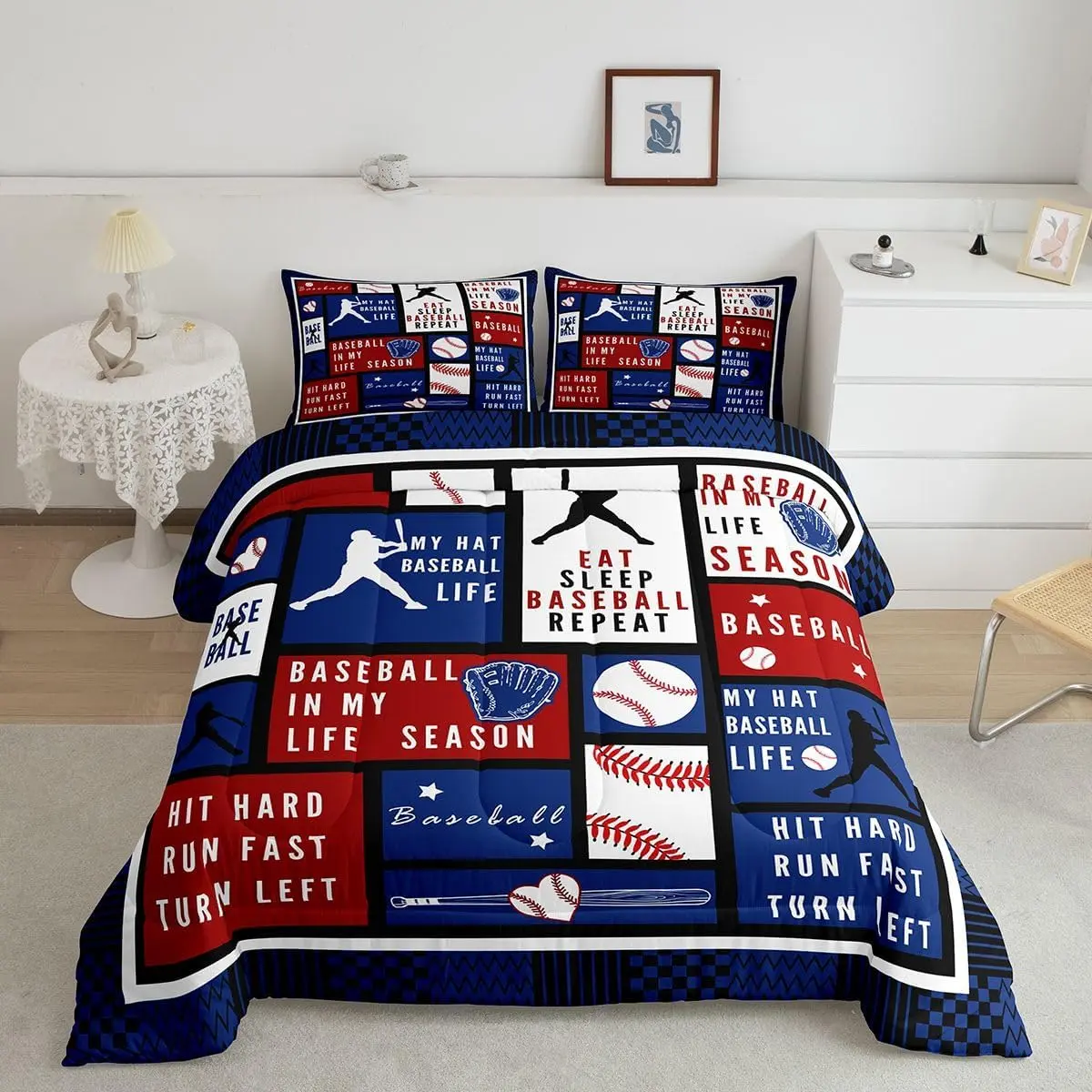 Boys' Baseball-Themed Bedding Set, Red Blue Geometric Checkerboard Duvet Cover Set, Eat Sleep Baseball Twin/Toddler/RV Bedroom Decor