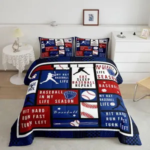 Boys Baseball Theme Comforter Set Eat Sleep Baseball Bedding Set Geometric Checkerboard Duvet Quilt Red Blue Bedroom Decor 1