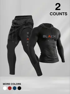 Men's Hooded Long Sleeve T-Shirt Set with Faux Two-Piece Pants, Sporty Style, Moderate Fabric, Fall & Winter, Streetwear Tracksuit Set