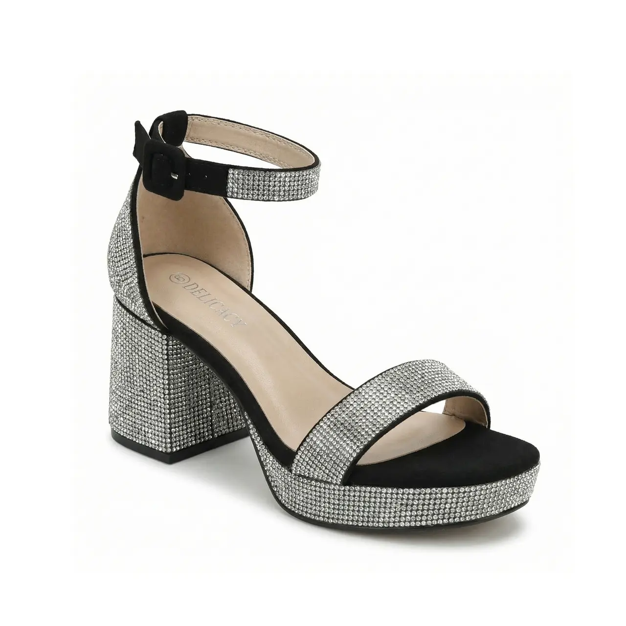 JEKO Women's Embellished Platform Block Chunky Heel PU Footwear - Sparkly Open-Toe Adjustable Ankle-Strap Fabric Dress Shoe Sandals for Party, Wedding (Black & Silver), Block Chunky Heels, Embellished Platform Sandal, Open Toed Sandals