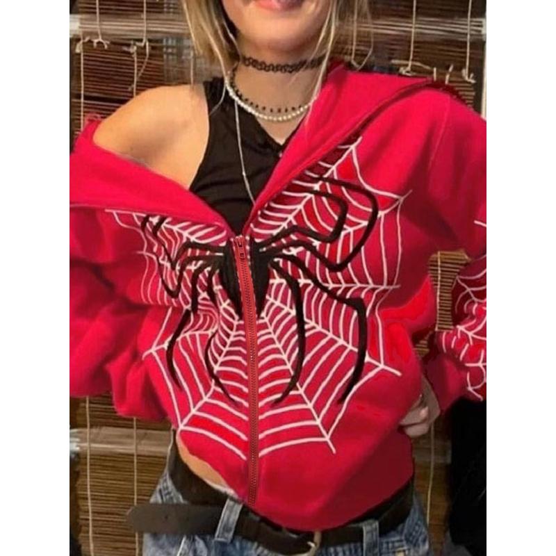 Women's Y2K Spider Web Print Zip-Up Hoodie Jacket - Vibrant Red Geometric Pattern, Long Sleeve Machine Washable Fall Casual Streetwear, Spider Hoodie, Seasonal Clothing, Bold Design, Quality Stitching, Statement Piece, Fashion Enthusiasts