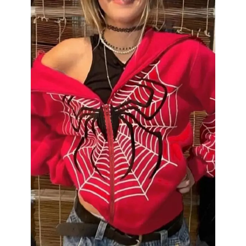 Women's Y2K Spider Web Print Zip-Up Hoodie Jacket - Vibrant Red Geometric Pattern, Long Sleeve Machine Washable Fall Casual Streetwear, Spider Hoodie, Seasonal Clothing, Bold Design, Quality Stitching, Statement Piece, Fashion Enthusiasts