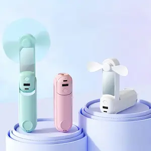 LMMAKE 5-IN-1 Portable Handheld Fan USB-Rechargeable Foldable Cooling Fan with Power Bank Flashlight & Makeup Mirror 3 Speed Modes Compact Personal Table Fan for Travel
