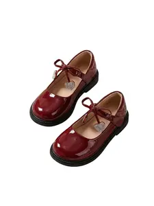 Girls' Heart Rhinestone Mary Jane Flats, Leather Glossy Princess Single Shoe, Soft Non-Slip School Party Shoes for Children