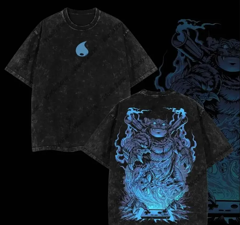 [Retro Monster Streetwear Style] Blastoise Inspired Double Printed Vintage Acid Wash T-Shirt, Oversized Lightweight Graphic Tee, Water Type Creature Streetwear Shirt, Anime Gamer Fan Gift