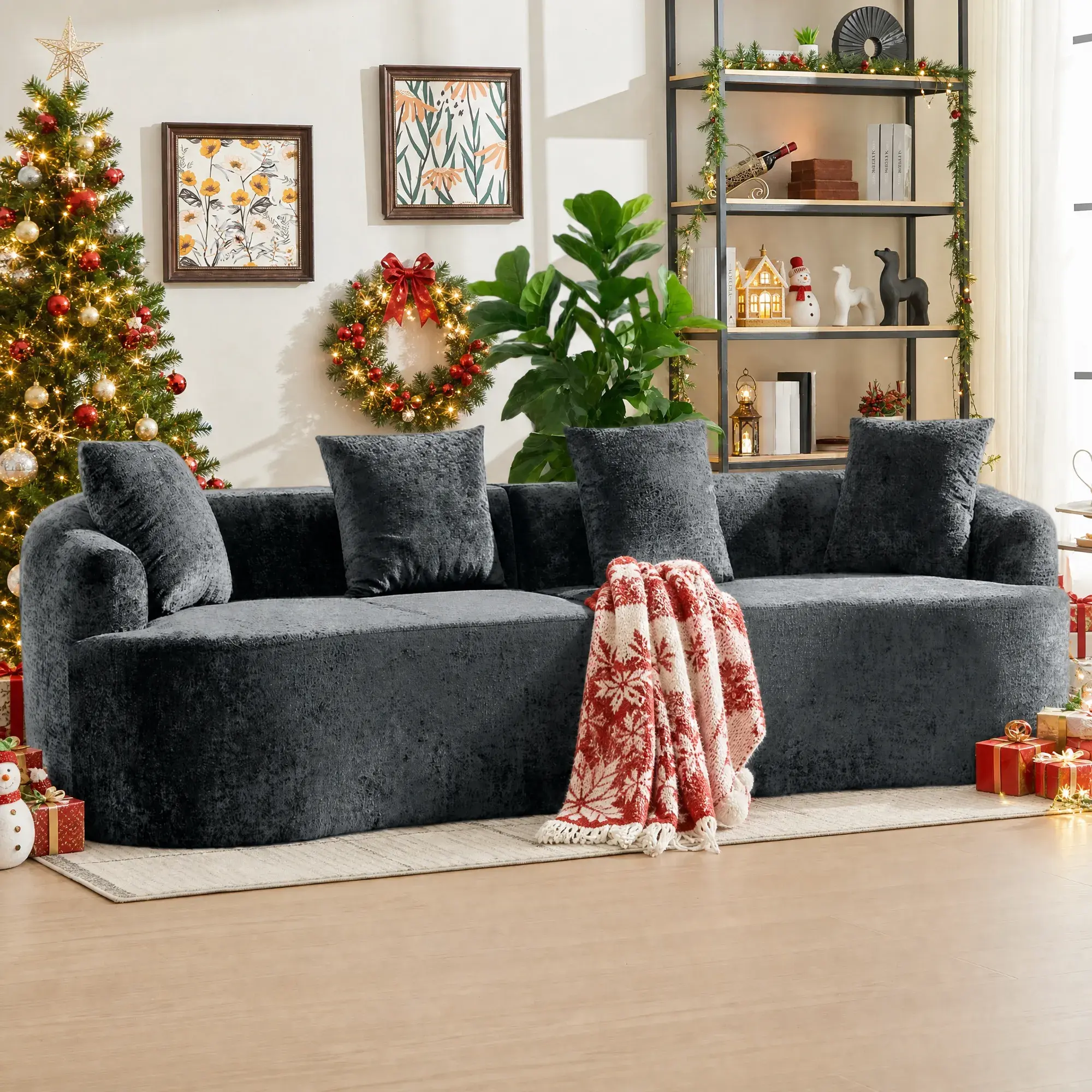 110-Inch Floor-Standing Curved "Cloud" Sofa (Armless) | Modern 4-Seater High-Resilience Foam Model, Chenille Fabric, Curved 2-Piece Modular Design, Includes 4 Throw Pillows; No Assembly Required, Easily Fits Various Living Spaces.