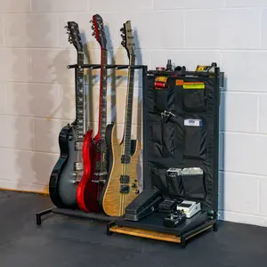 The Opener 5-Slot Guitar Rack Black Heavy-Duty Steel & Real Wood Storage with NBR Foam Cushions & Accessories Pockets 33x14x31in