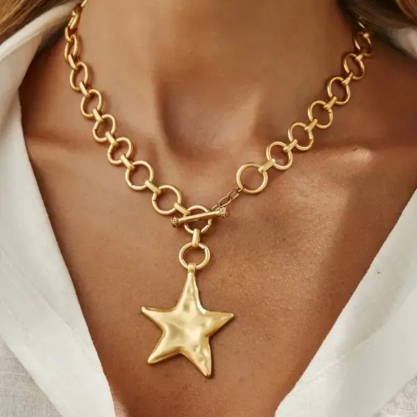 Bohemian Style Geometric Star Circle Pendant Necklace, Boho Style Jewelry, Elegant Light Luxury Jewelry Gift for Women, Perfect for Daily Wear & Parties