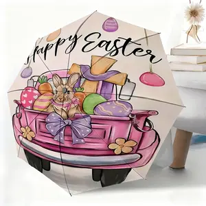 This waterproof folding umbrella features an Easter bunny truck and painted eggs design, suitable for both men and women, and is portable for travel and everyday use.