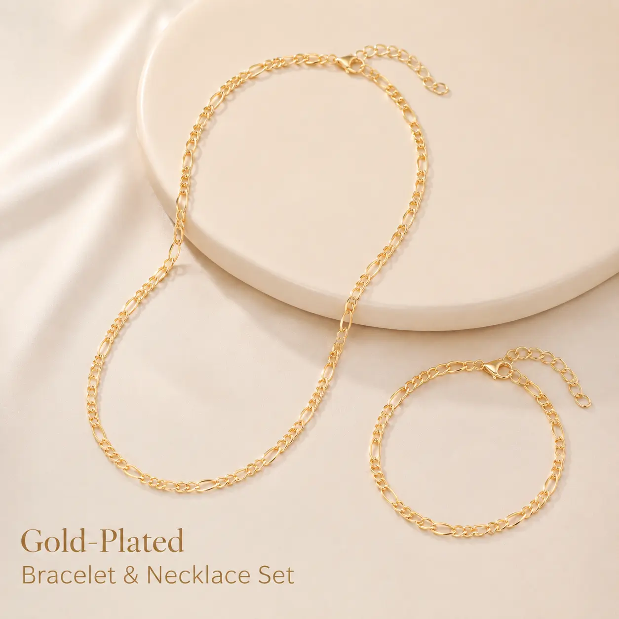 Women's 2-Piece 3-Layer Gold Plated Minimalist Figaro Chain Jewelry Set, Geometric Links, Adjustable Length, Non-Tarnish Necklace & Bracelet for Daily Wear