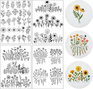 Flower Water Soluble Embroidery Patterns - 4 Sheets 40 Pcs Stick and Stitch Embroidery Papers Wash Away Pre-Printed Floral Pattern Transfers, Customized Gift for Hand Sewing Lover Beginners VISSTREE