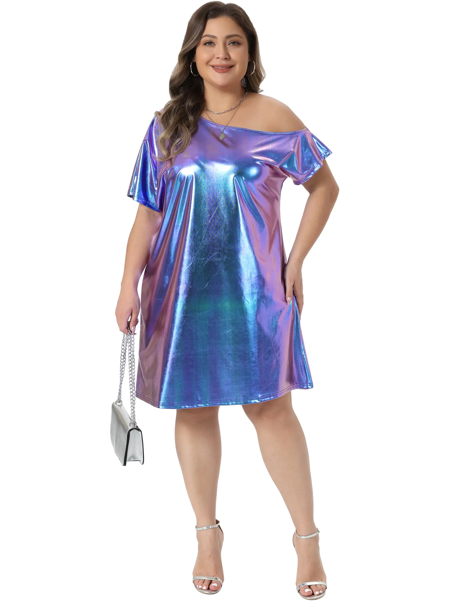 Agnes Orinda Women's Plus Size Dress Metallic Off the Shoulder Party Clubwear Tee Shirt Dress Holographic Disco Dress