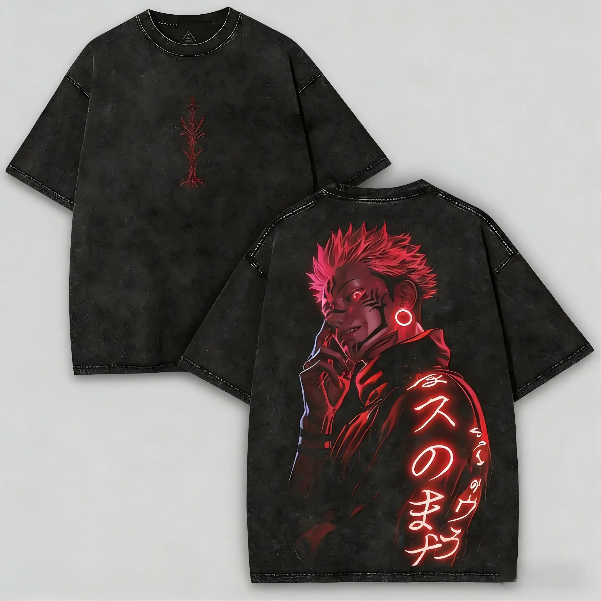 Men's Thick Oversized Heavy Cotton Neon Red Graphic Tee - Jujutsu Kaisen Ryomen Sukuna Double-Sided Bold Prints, Short-Sleeve, Round Neck, Anime Collector Streetwear, Summer Outdoor Top, Ultra Soft, 7-day returns & exchanges, Casual Fit, S To 5Xl