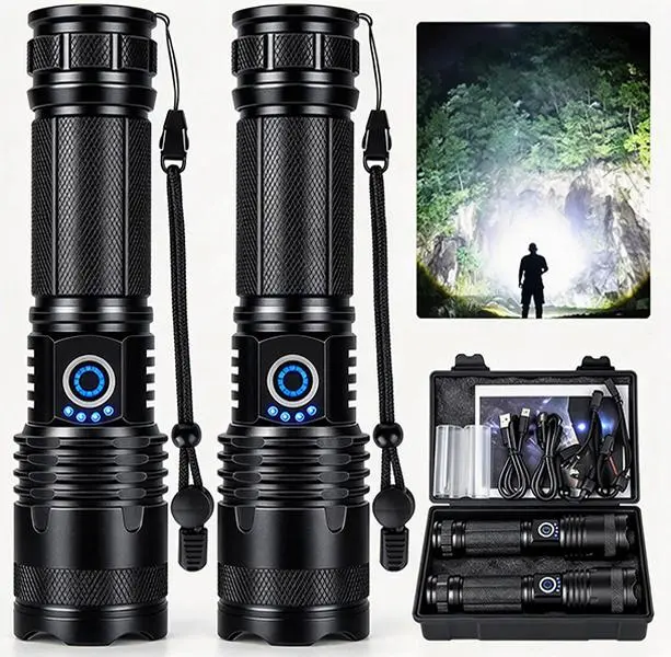 2-Pack LED Flashlight for Camping and  Use, Rechargeable Tactical Flashlight with Multiple Light Modes, Portable Handheld Flashlights with Wrist Straps, 7.87 Inches home  night outdoor emergency super bright