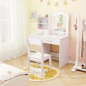 COSTWAY - Kids Vanity Set with Lighted Mirror Makeup Desk and Chair Set with Drawers-White