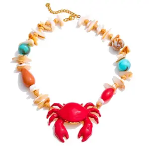 May Beauty Crab Ocean Collar Eco Chic Design with Natural Shell Pieces Turquoise Beads & Red Crab Pendant for Summer Wear