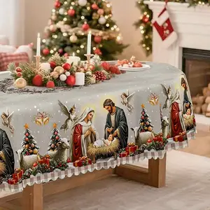Grey Christmas Tablecloth - Vintage Traditional Style with Angel & Nativity Patterns | Perfect for Holiday Dining, Outdoor Setup, Party & Family Gatherings (Multi-Shapes)