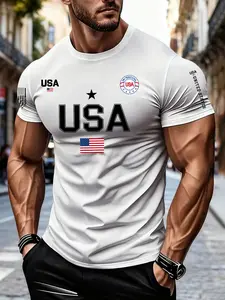 Men's Usa Letter Print Round Neck Casual Streetwear Short Sleeve T-Shirt, Summer Comfortable Breathable Outdoor Wear, Fitted Long Style