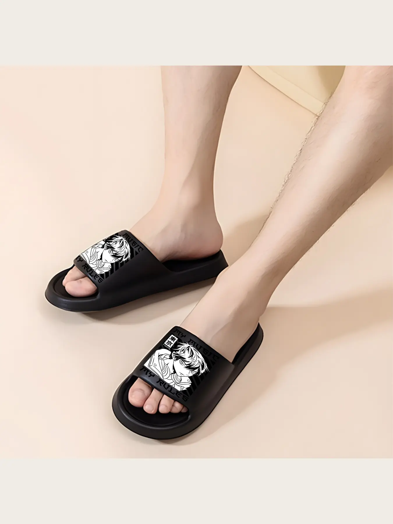 Tokyo Anime Character Print Slippers Men's Fashion Cartoon Graphic Casual Indoor Outdoor Comfortable Non-slip Sole Lightweight Breathable Soft Home Shoes Daily Wear Trendy Streetwear Inspired Footwear
