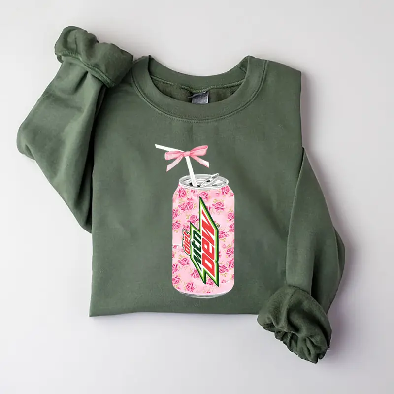 Coquette Diet Mtn Dew Sweatshirt, Floral Diet Mtn Dew Shirt, Cute Baby Pink Bow Tee, Trendy Soda Can With Roses, Coquette Pink Bow Tee, diet mtn dew shirt