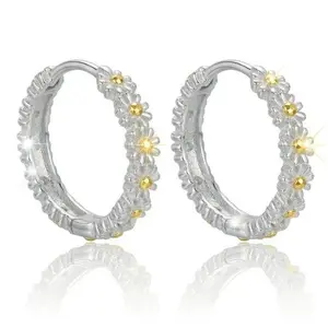 925 Silver Plated Daisy C-Shaped Huggie Earrings for Women, Floral Open Hoop Earrings with Yellow Accents, Lightweight Everyday Jewelry